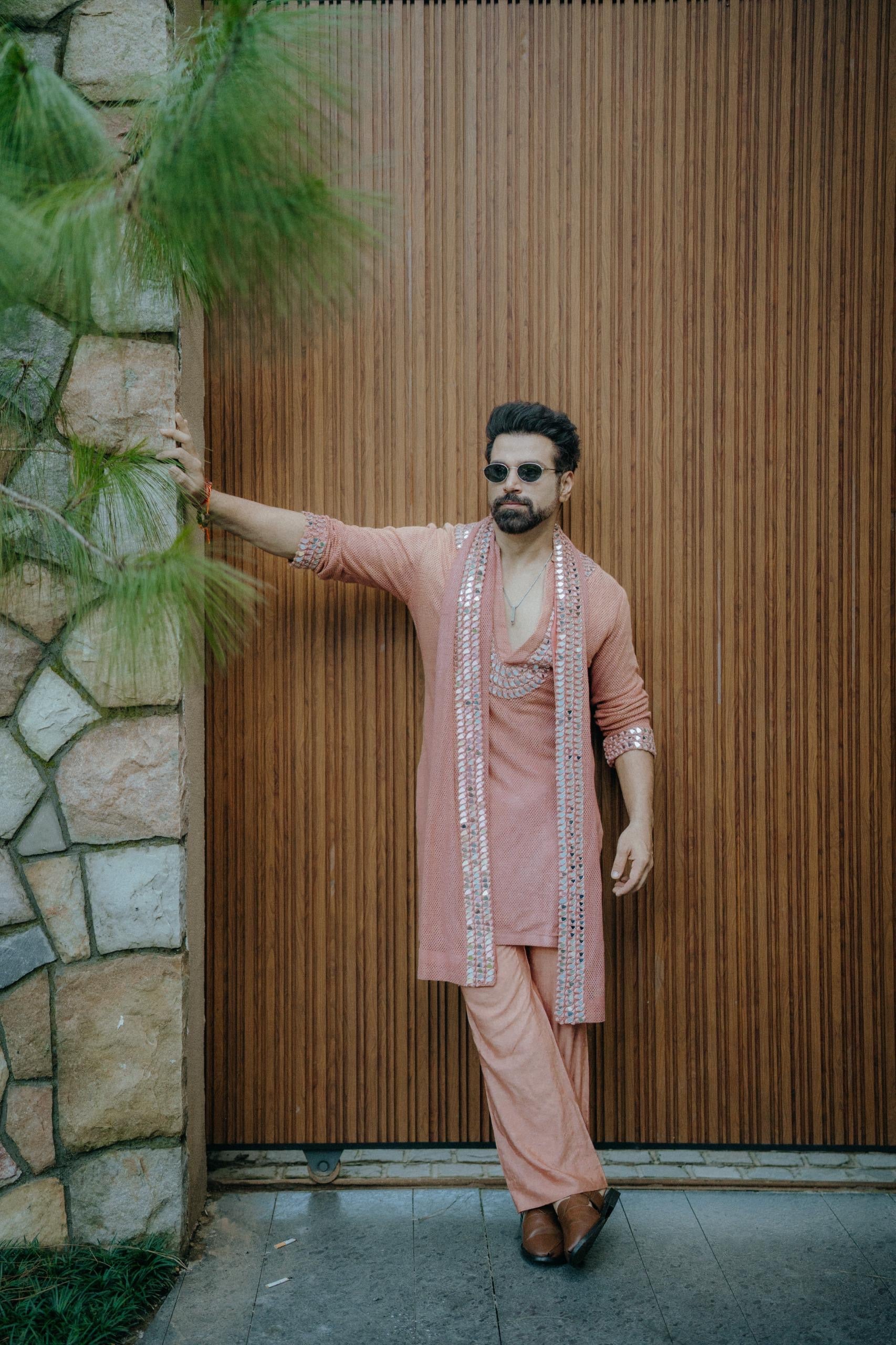 Rust Crochet Mirror Work Kurta Set with Mirror Work Stole