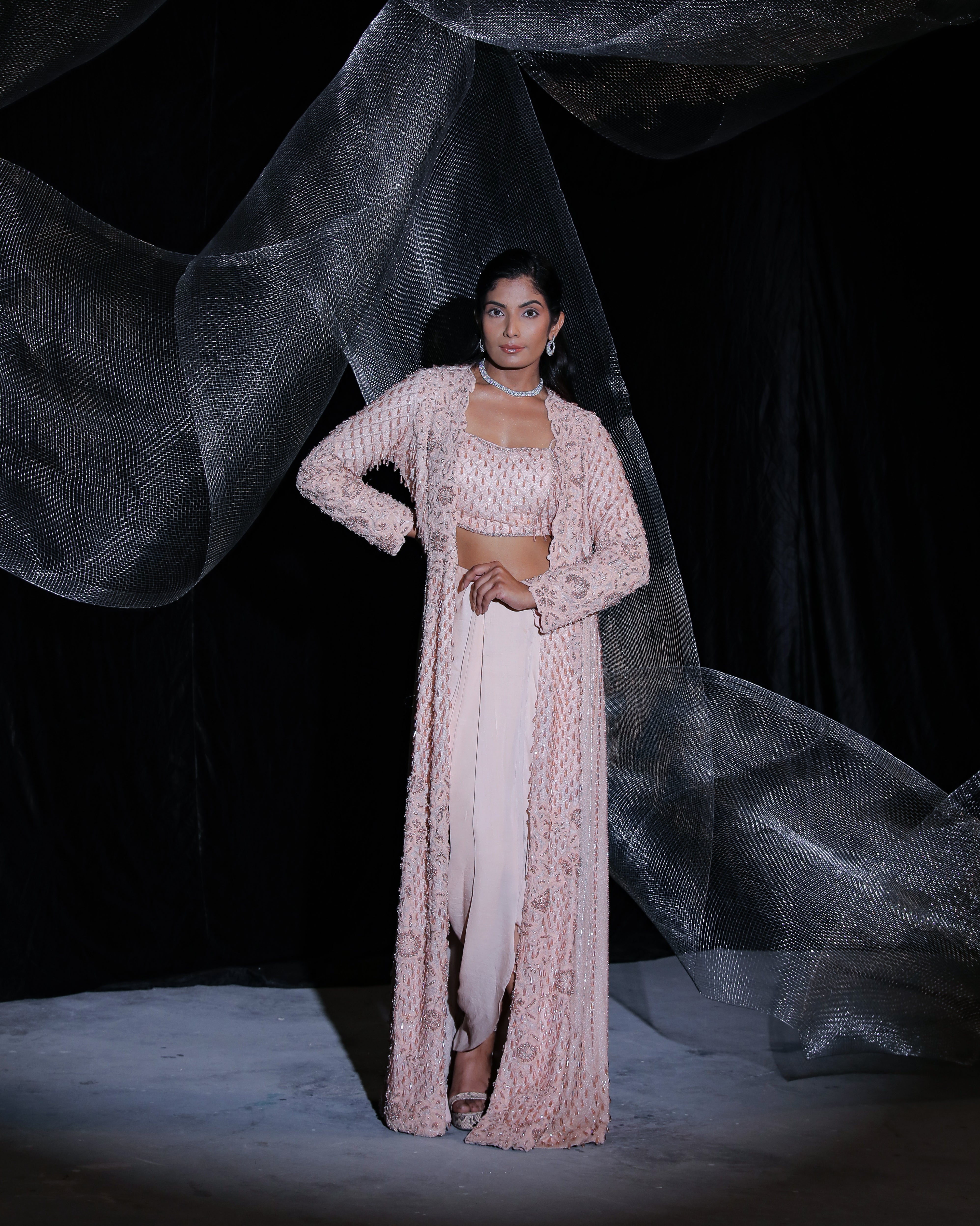 Burnt Rose indowestern jacket with lehenga and bustier