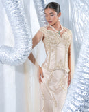 Off shoulder corset with fish skirt indowestern paired with cape style veli neo