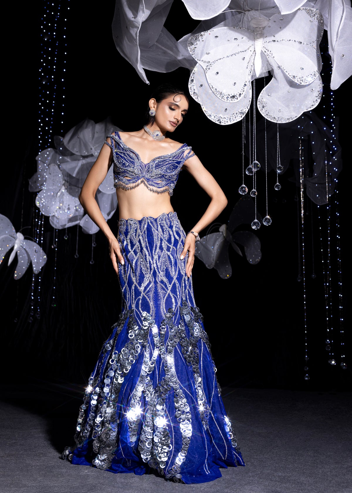 Mirage metallic blue aqua gown lehanga