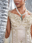 Off shoulder corset with fish skirt indowestern paired with cape style veli neo