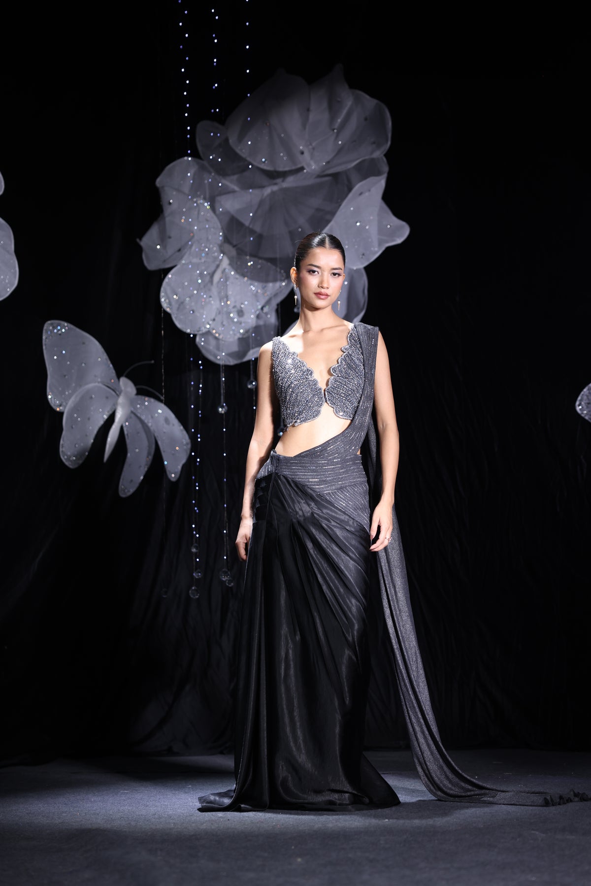 The glided black aroma indo western saree set