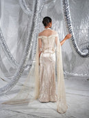 Off shoulder corset with fish skirt indowestern paired with cape style veli neo