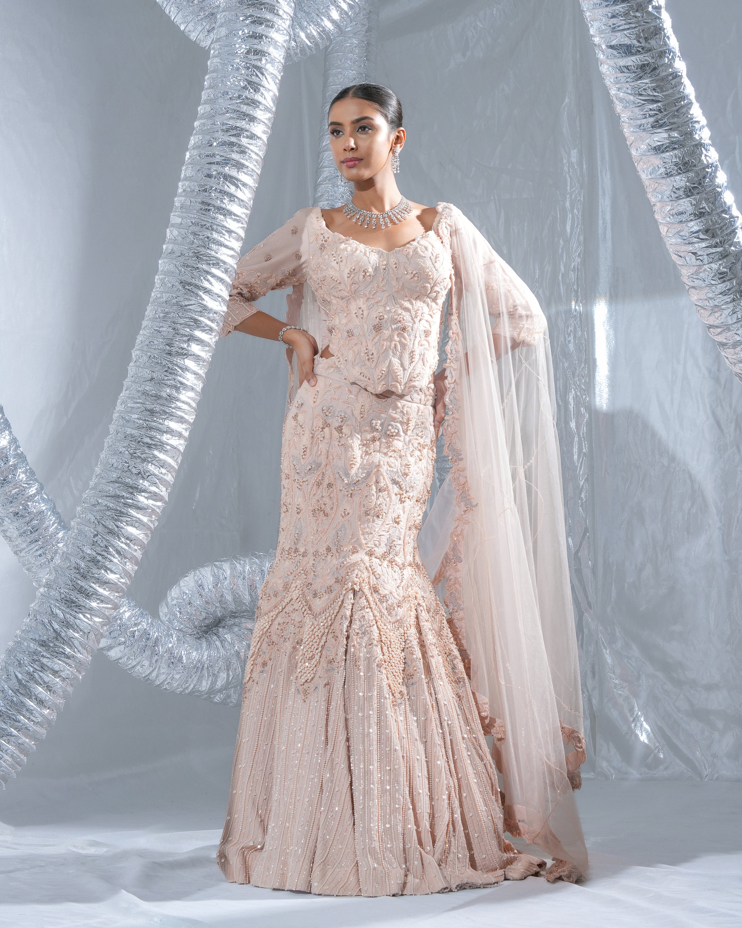 Rose gold cropped corset and lehenga neo