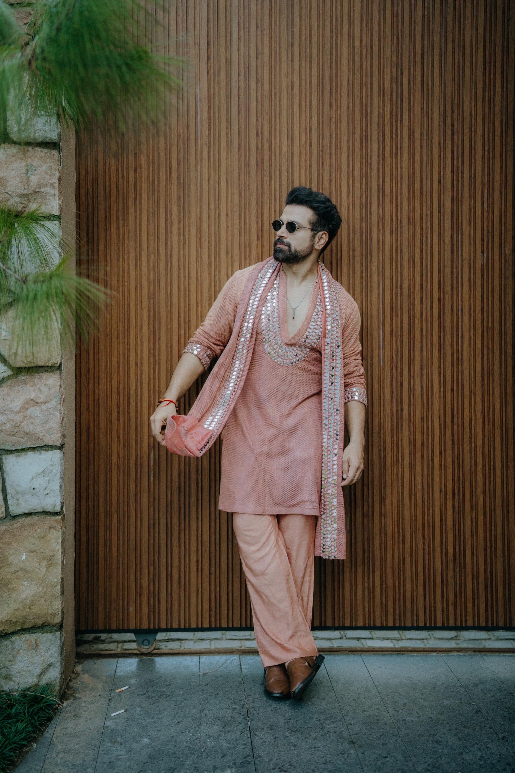 Rust Crochet Mirror Work Kurta Set with Mirror Work Stole