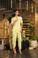 Butter yellow linen bomber shirt and pants with side pockets