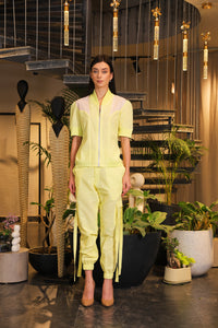 Butter yellow linen bomber shirt and pants with side pockets