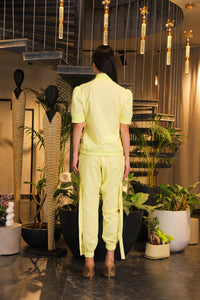 Butter yellow linen bomber shirt and pants with side pockets
