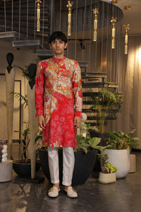 Red printed Kurta with white pajama pants
