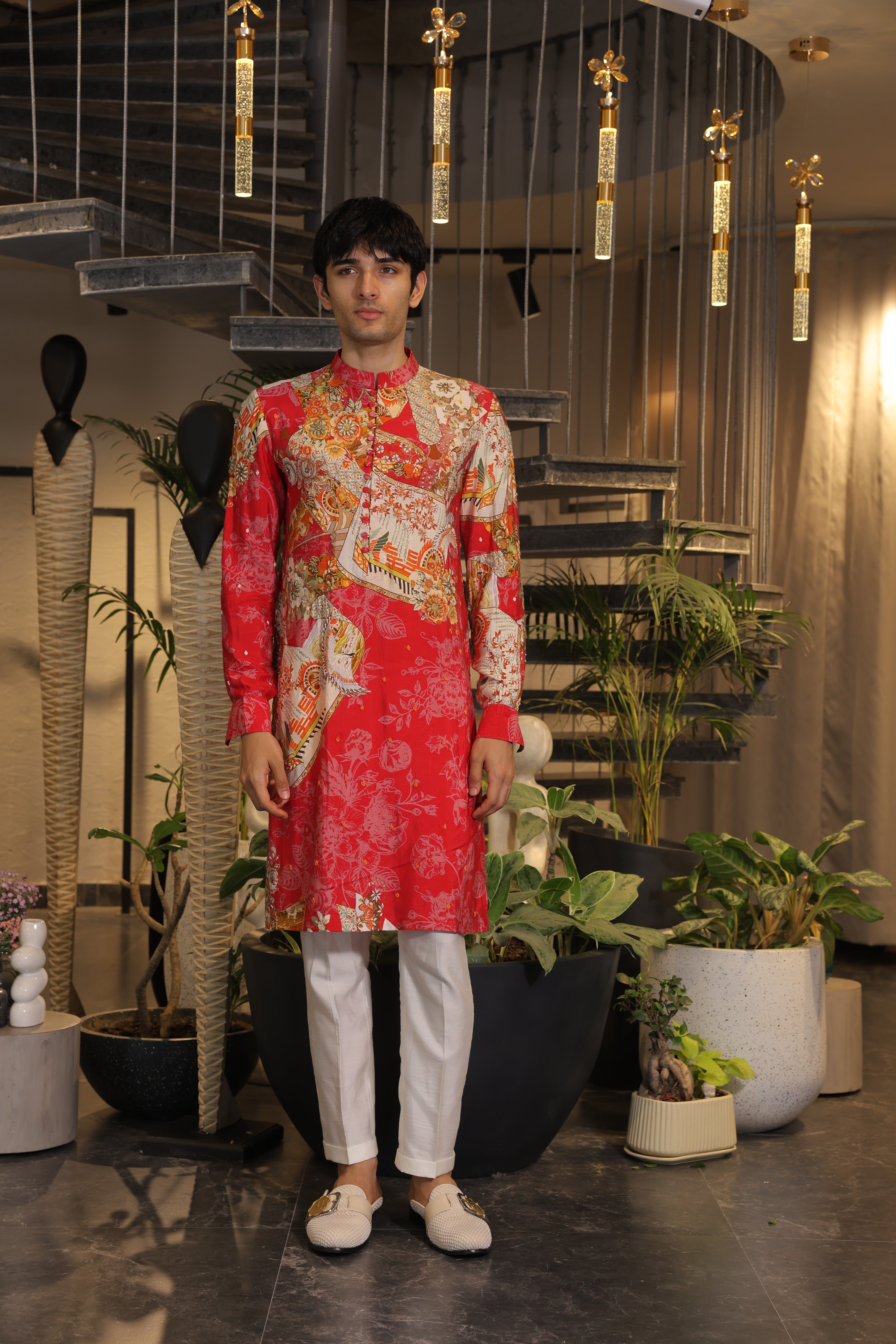 Red printed Kurta with white pajama pants
