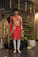Red printed Kurta with white pajama pants
