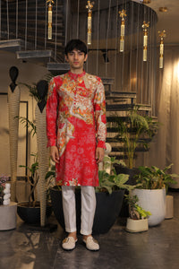 Red printed Kurta with white pajama pants