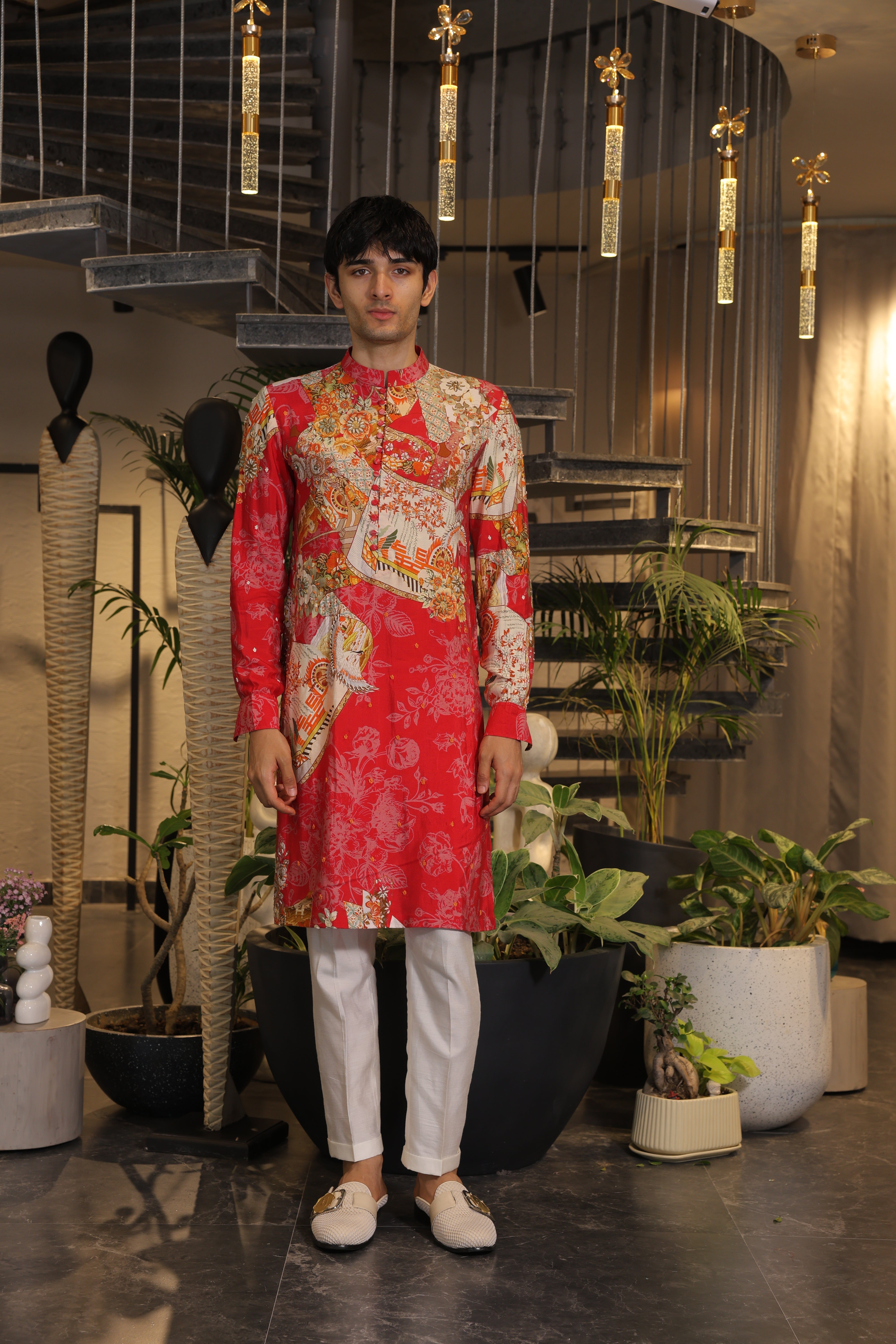 Red printed Kurta with white pajama pants