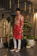 Red printed Kurta with white pajama pants