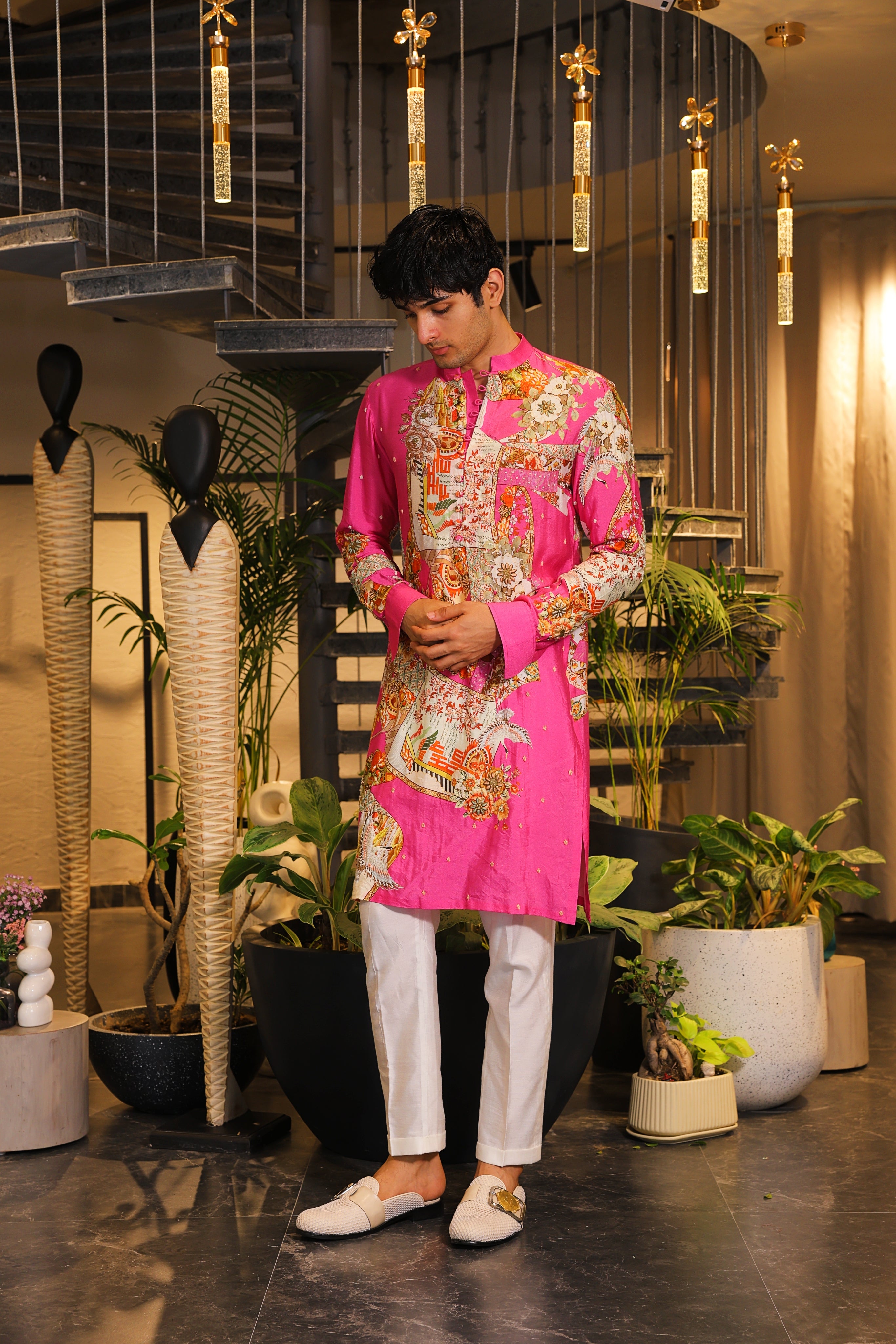 Pink printed kurta with white pants