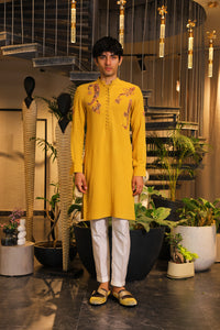 Mustard Yellow hand embroidered kurta set