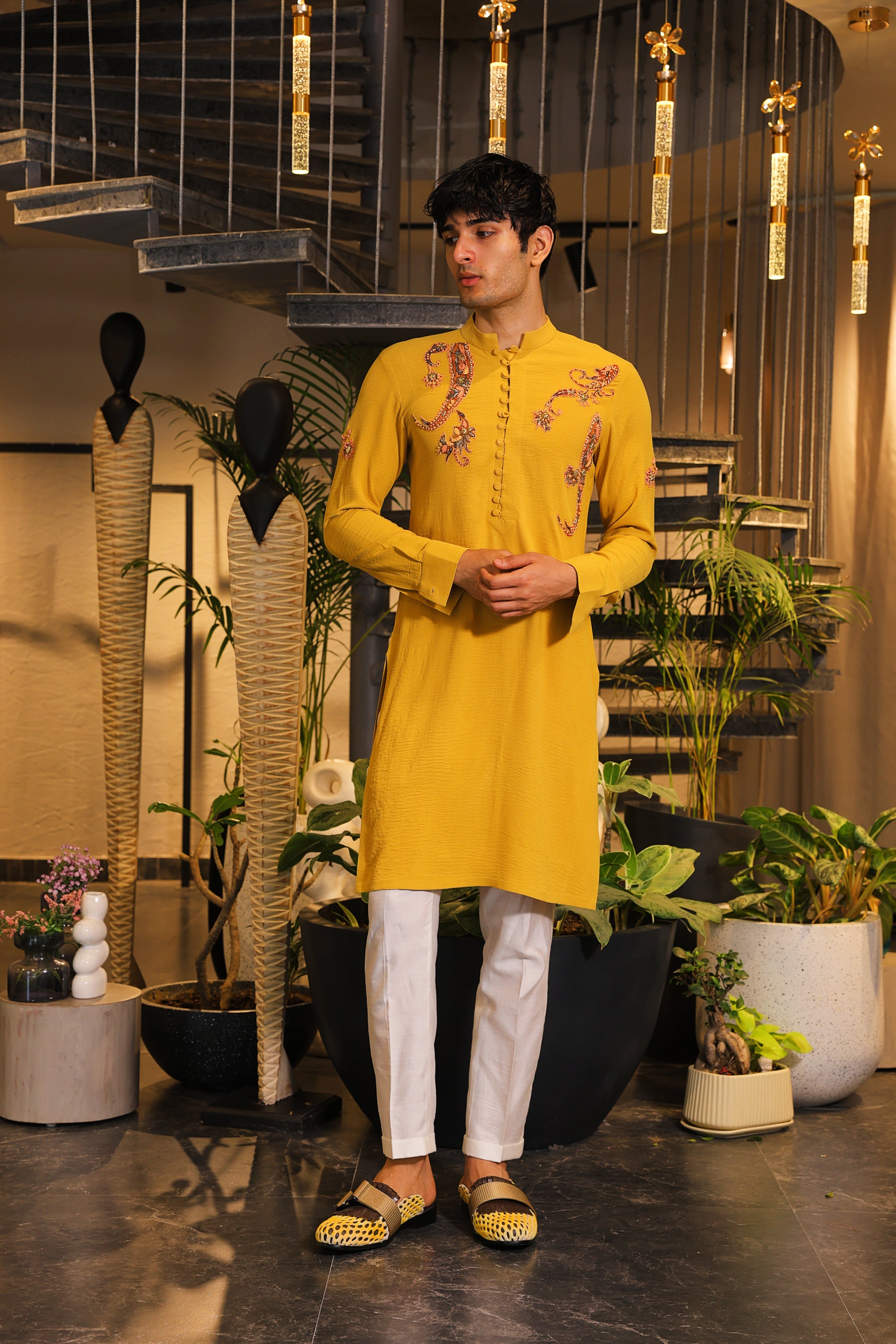 Mustard Yellow hand embroidered kurta set