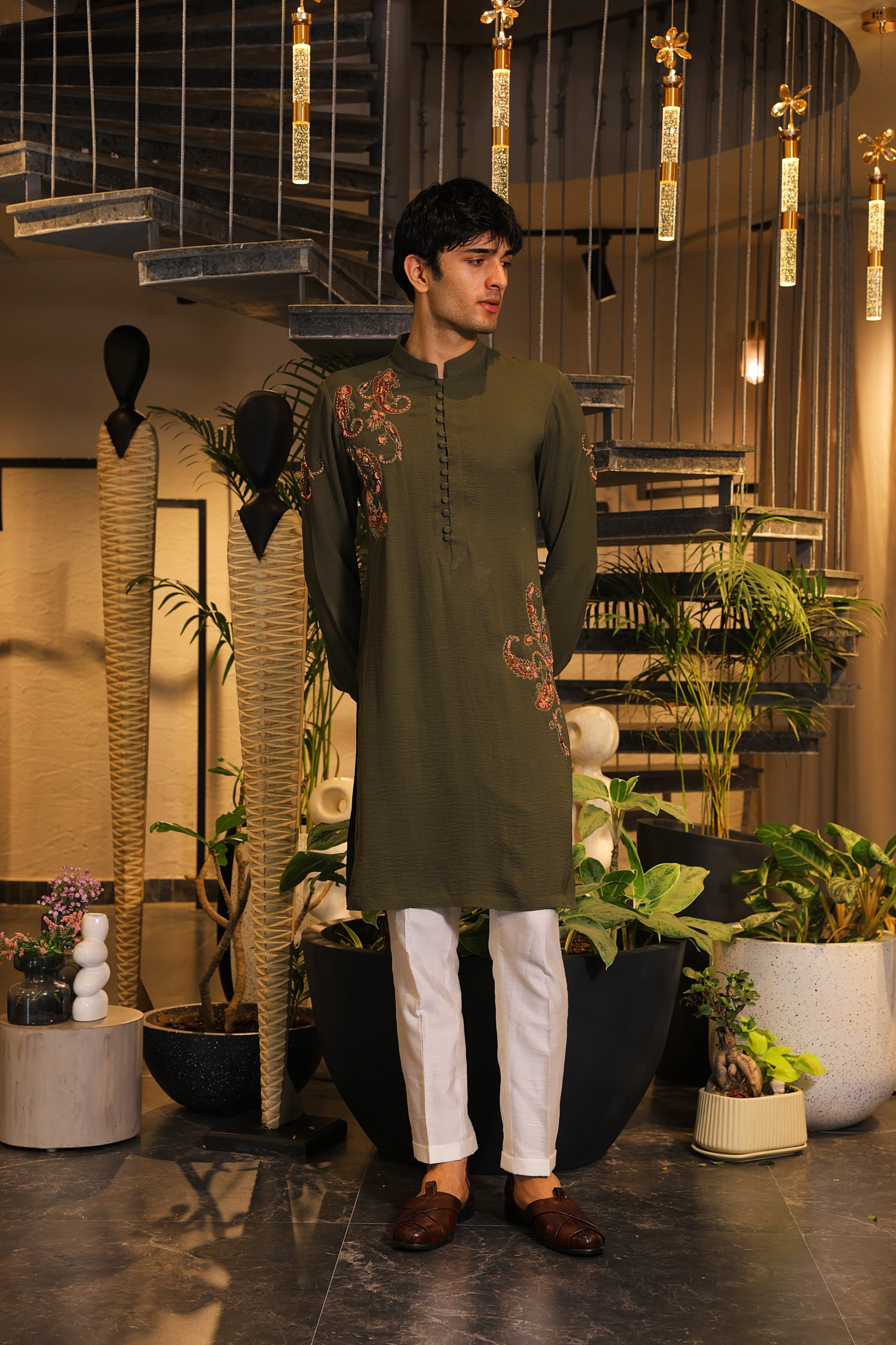 Bottle green hand embroidered kurta set