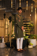 Bottle green hand embroidered kurta set