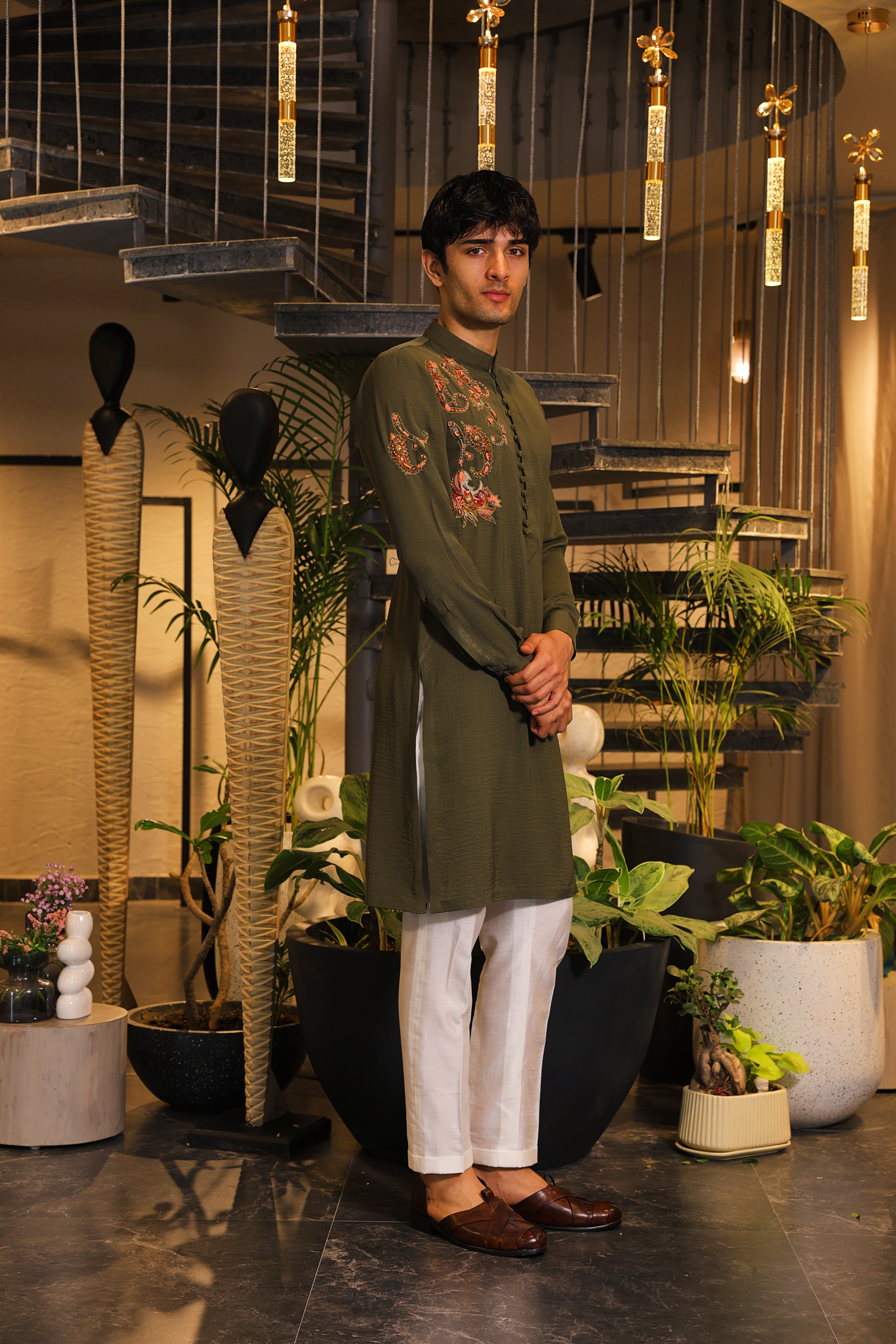 Bottle green hand embroidered kurta set