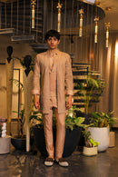 Deep peach reflex ind-western with shirt and overlay paired with pants
