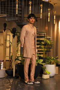 Deep peach reflex ind-western with shirt and overlay paired with pants