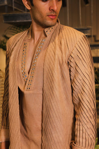 Deep peach reflex ind-western with shirt and overlay paired with pants