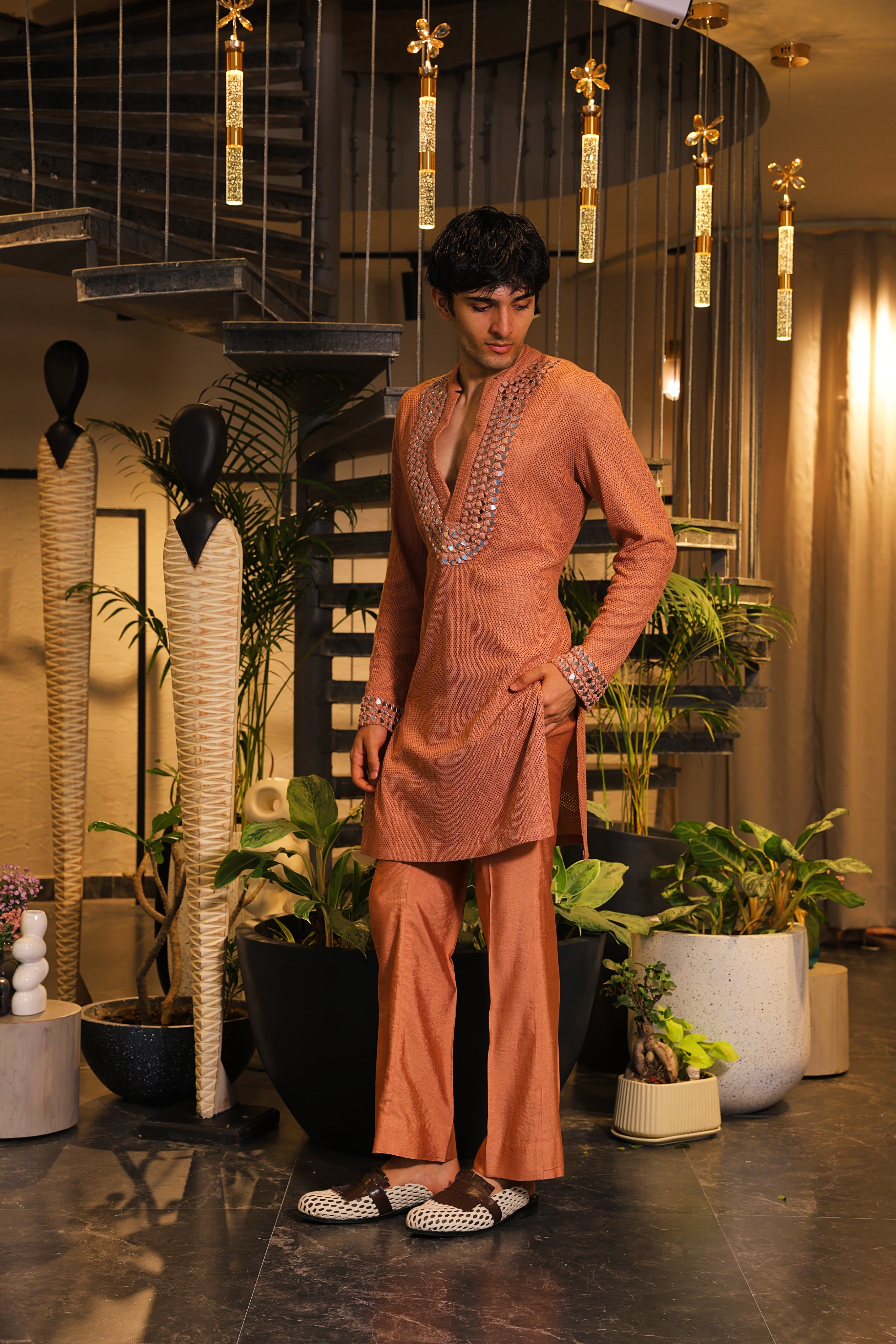 Rust crochet mirror work kurta set