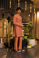 Rust crochet mirror work kurta set