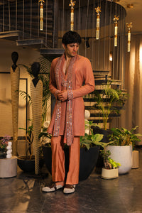 Rust crochet mirror work kurta set