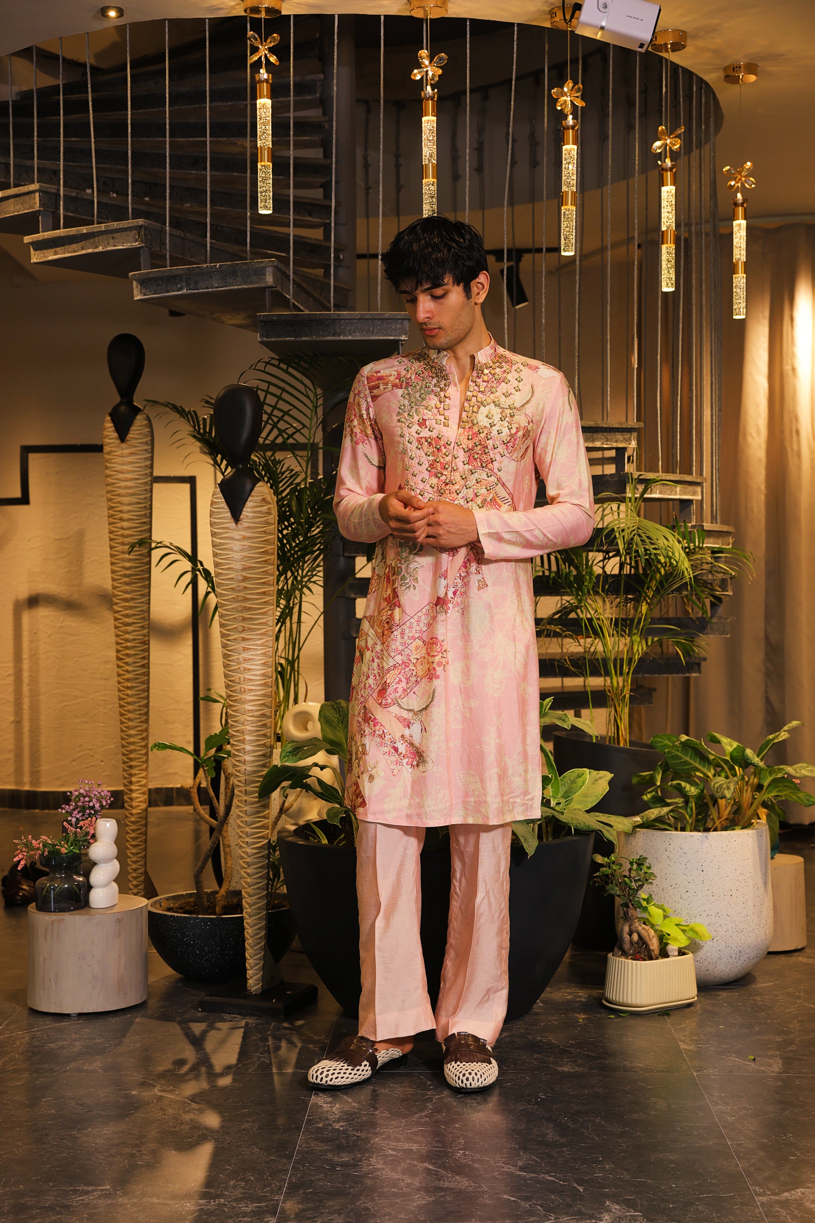coral pink printed kurta set