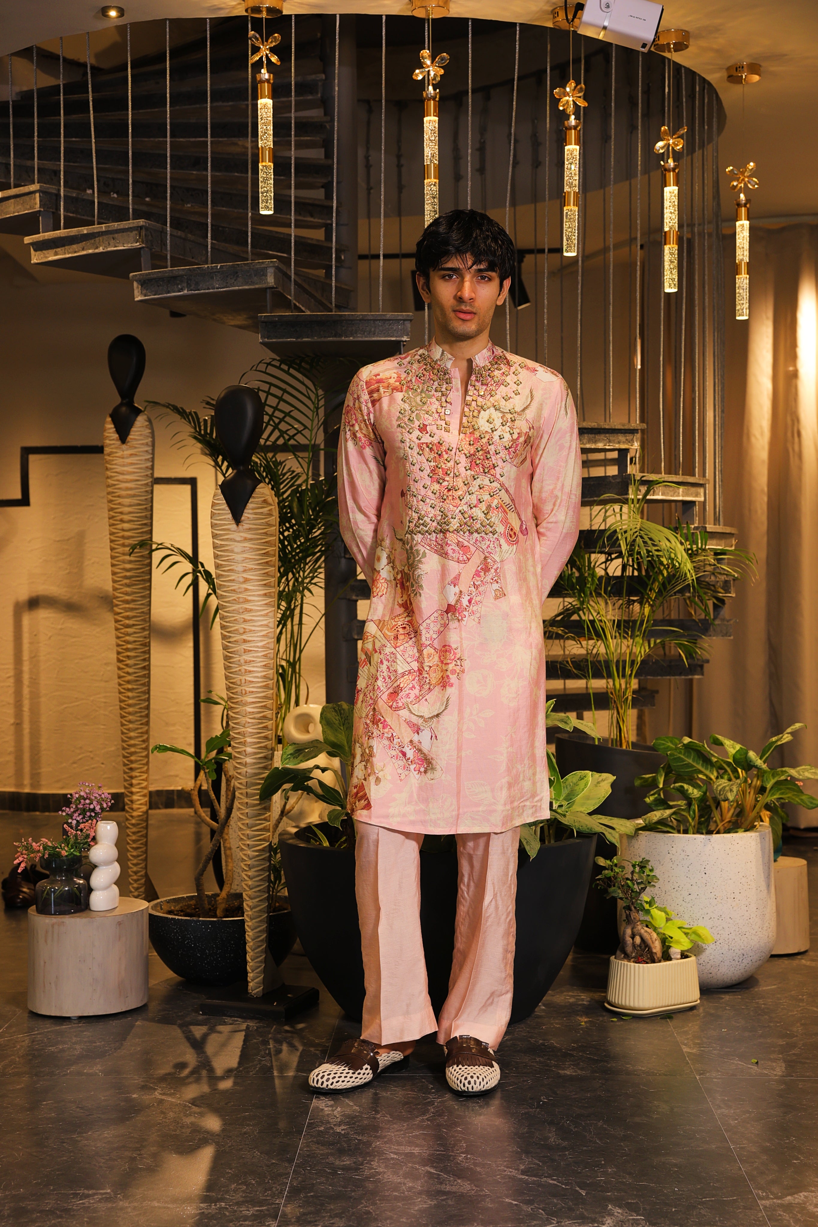 coral pink printed kurta set