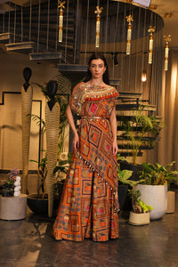 vermillion multi-coloured embellished asymmetrical kaaftan