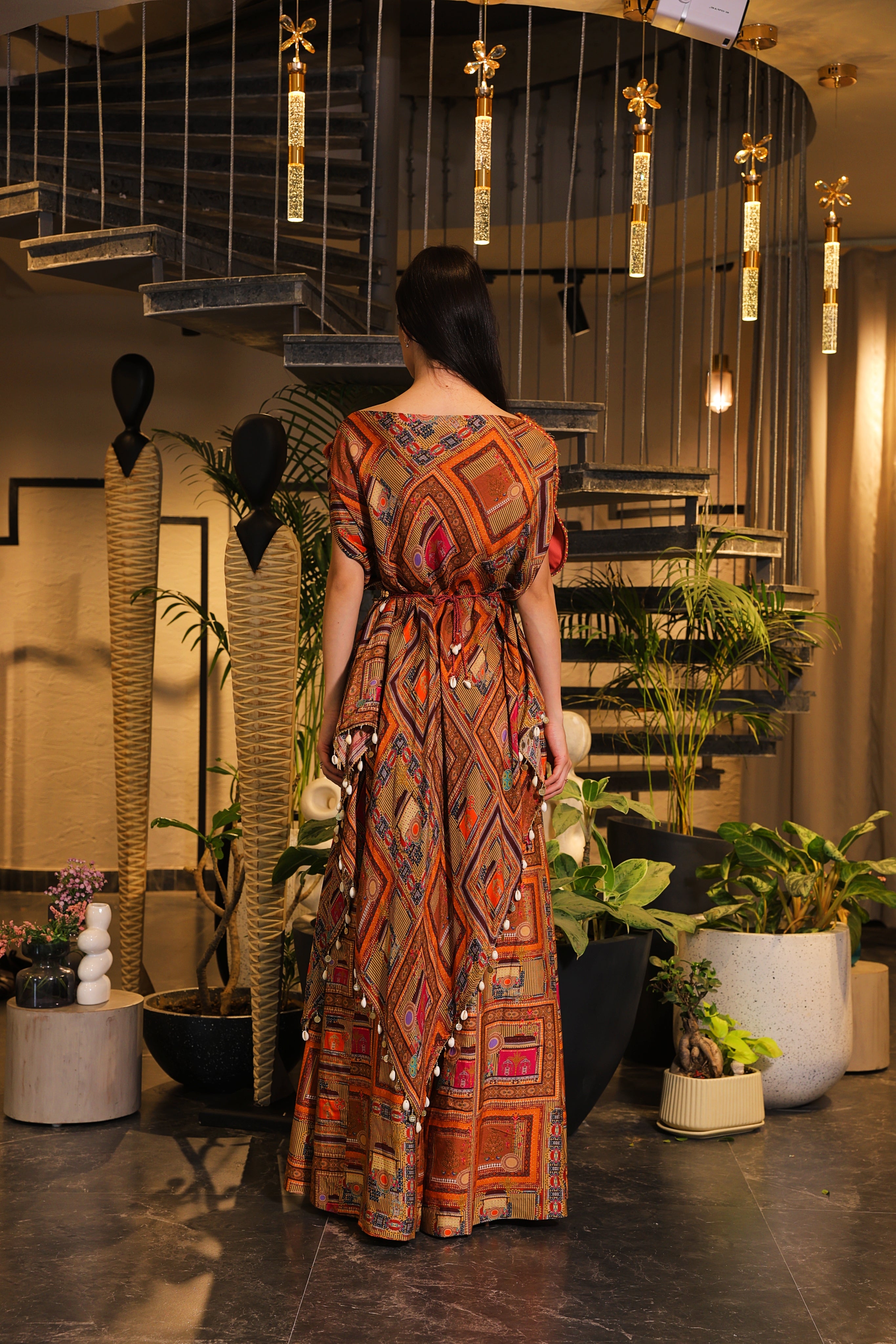 vermillion multi-coloured embellished asymmetrical kaaftan