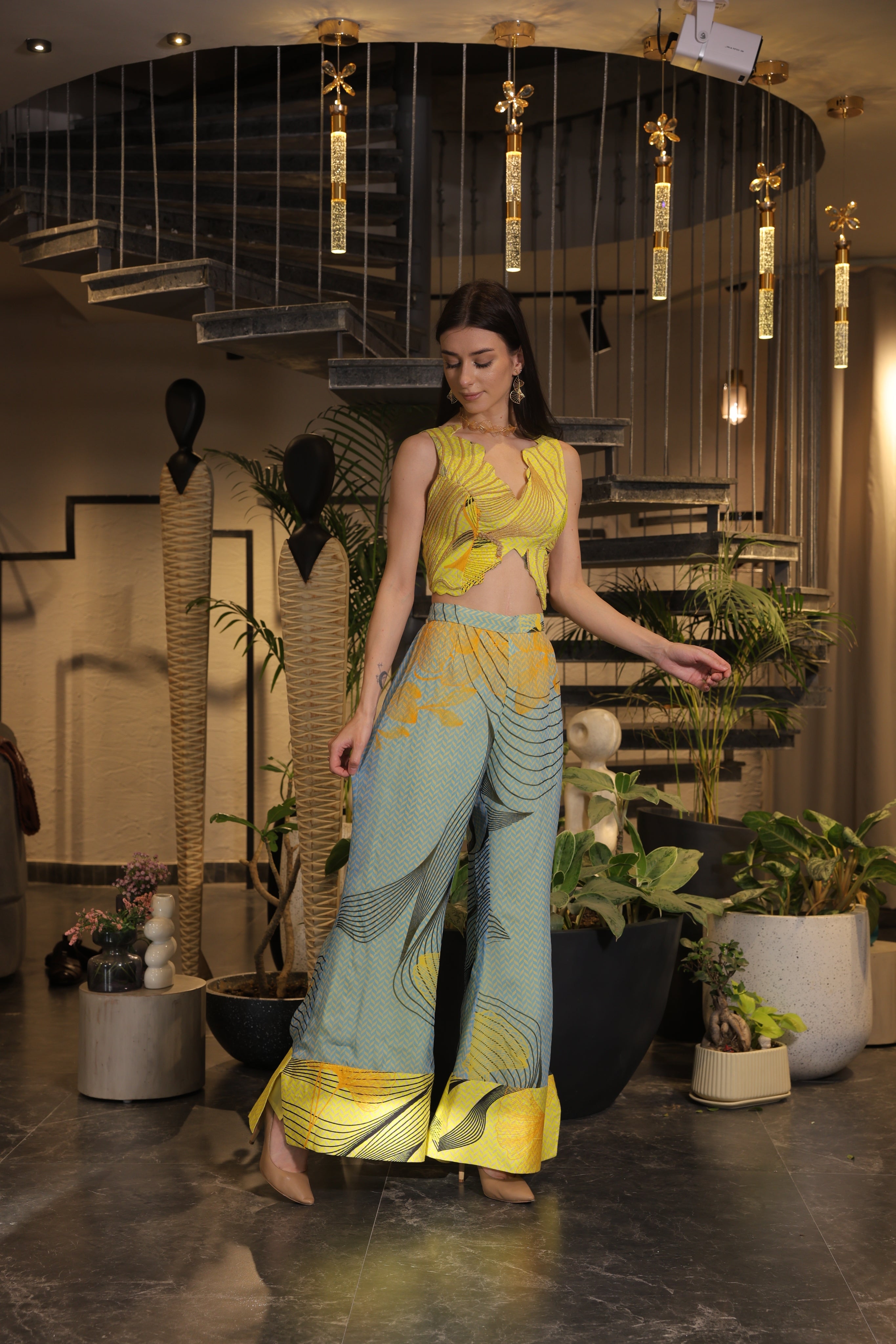 sky and lemon ethnosplash palazzo pants co-ord set