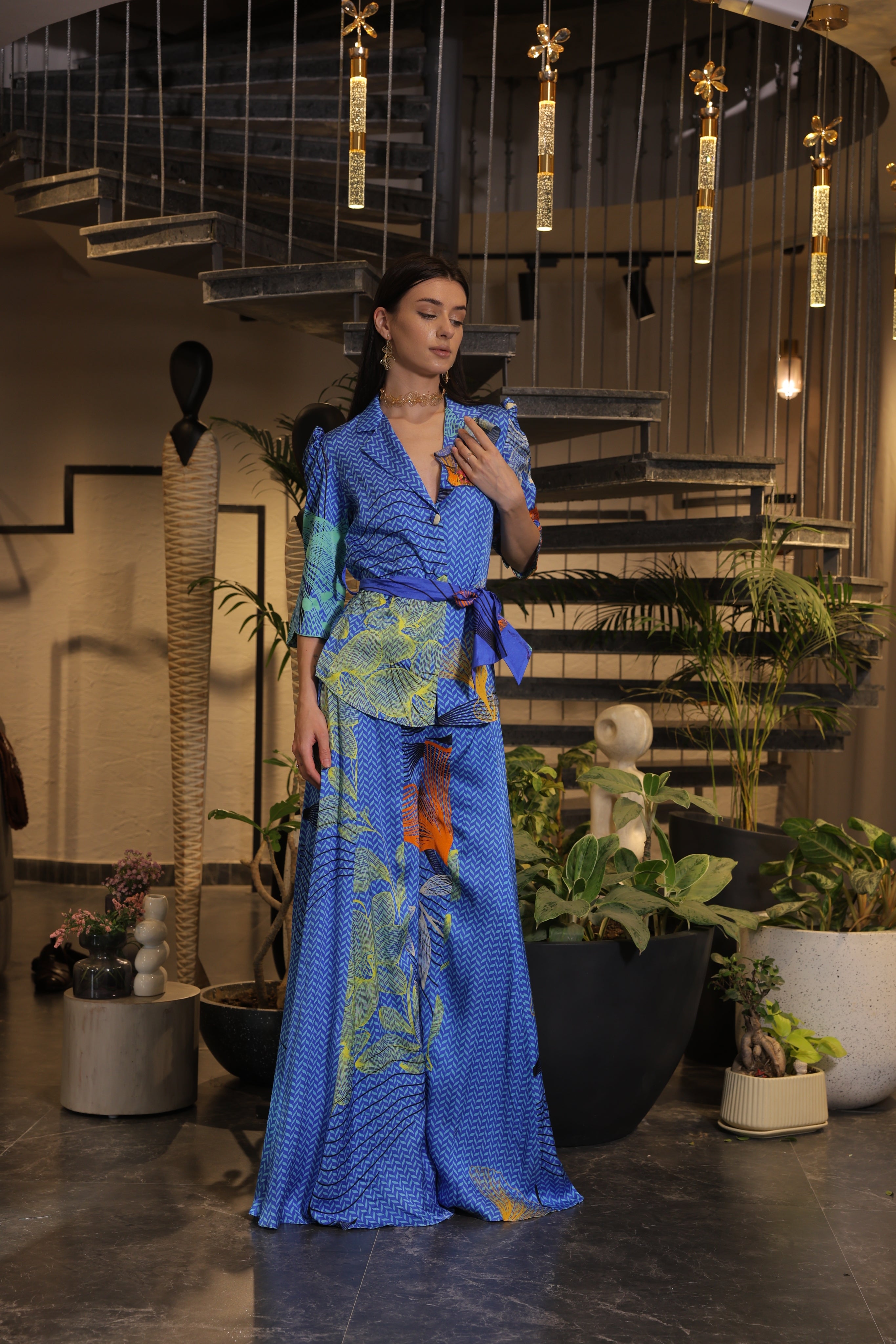Lapiz blue printed peplum jacket with palazzo pants set