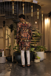 Black multi-coloured print embroidered band gala jacket with kurta and pants