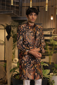 Black multi-coloured print embroidered band gala jacket with kurta and pants