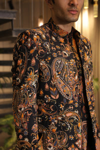Black multi-coloured print embroidered band gala jacket with kurta and pants