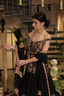 Black multi-coloured print embroidered lehenga set with off-shoulder peplum bodice