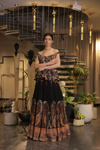 Black multi-coloured print embroidered lehenga set with off-shoulder peplum bodice