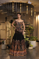 Black multi-coloured print embroidered lehenga set with off-shoulder peplum bodice