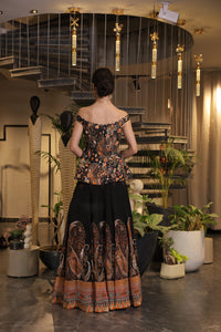 Black multi-coloured print embroidered lehenga set with off-shoulder peplum bodice