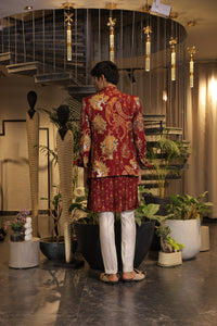 Dark vermillion print embroidered blazer set with kurta and pants