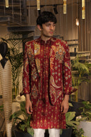 Dark vermillion print embroidered blazer set with kurta and pants