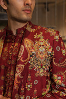 Dark vermillion print embroidered blazer set with kurta and pants