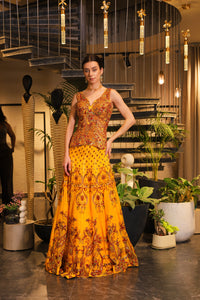 Mustard print embroidered lehenga with corset blouse