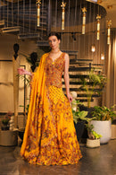 Mustard print embroidered lehenga with corset blouse