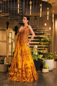Mustard print embroidered lehenga with corset blouse