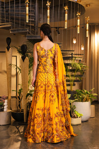 Mustard print embroidered lehenga with corset blouse